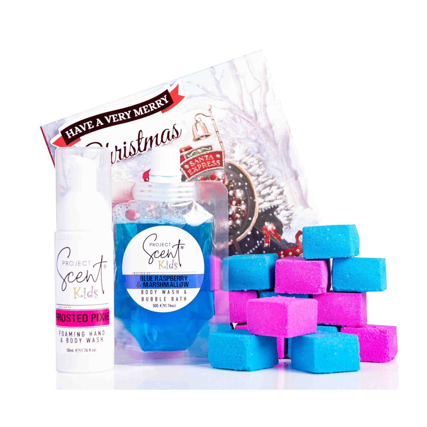 Christmas Kids 16 Bath Bomb Blocks, Foamer & 2 in 1 Body Wash Bubble Bath Gift Set - Project Scent LTD