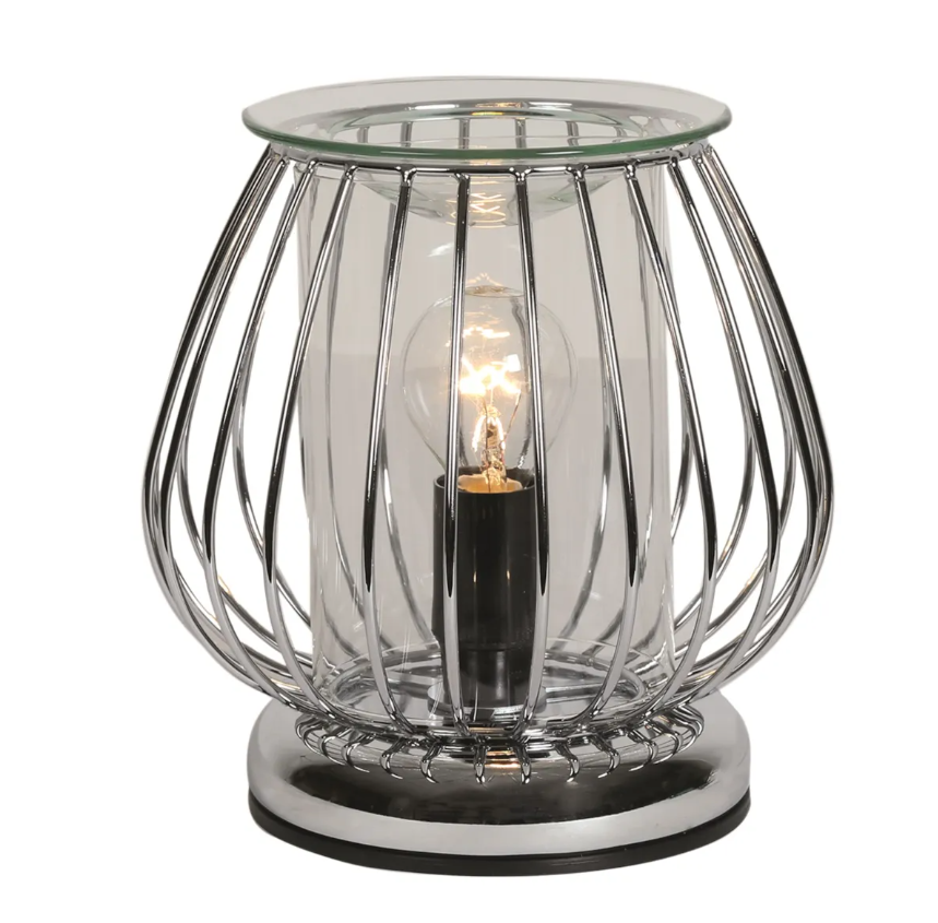 Modern electric wax burner featuring a 17cm chrome framework in an industrial globe design; touch-activated for easy operation, ideal for melting scented wax or oils in contemporary home decor settings.