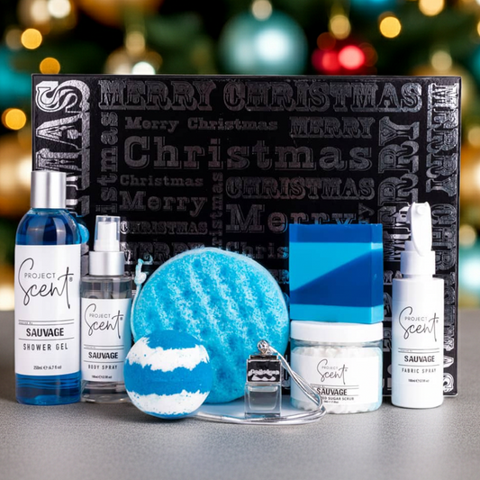 Collection of Project Scents products with a Christmas-themed backdrop