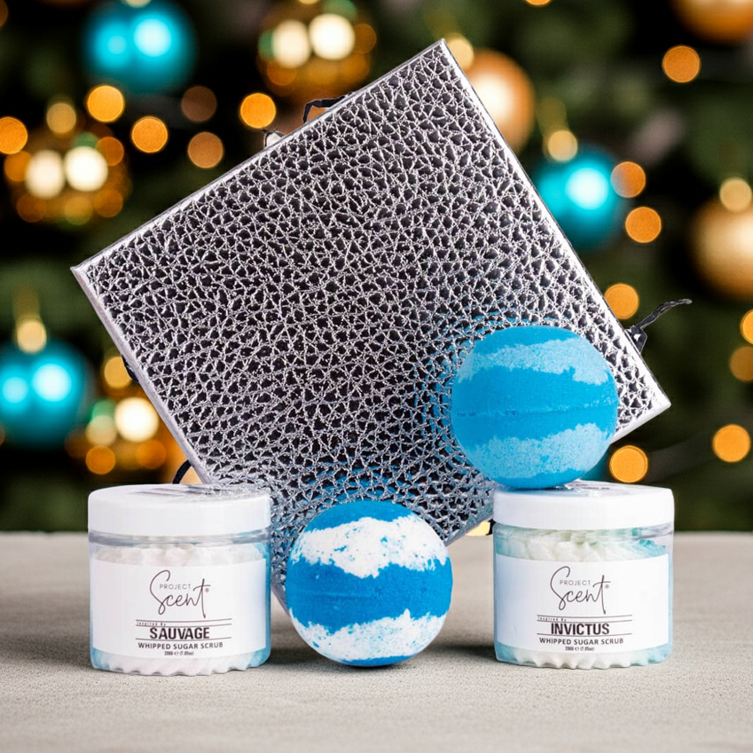 Bath bombs and containers with 'Project Scent' branding against a festive background
