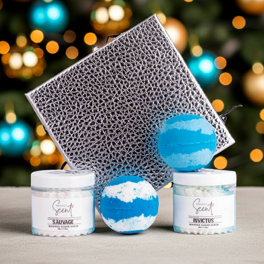 Bath bombs and containers with 'Project Scent' branding against a festive background