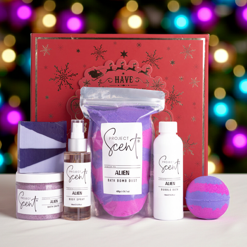 Collection of Project Scent products with a festive background