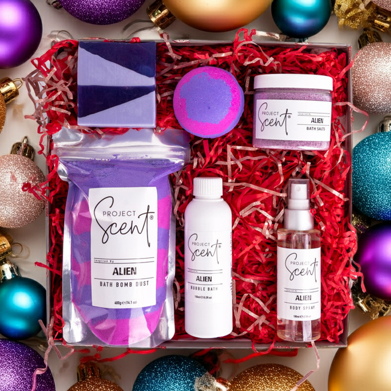 Project Scent Alien bath product set with decorative ornaments on a white background