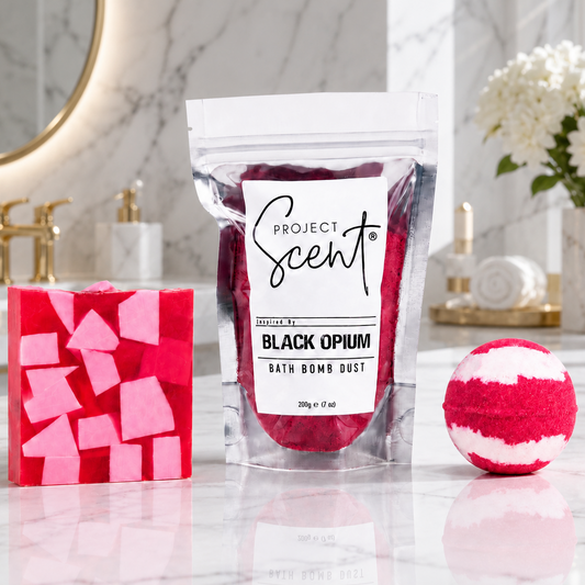 Black Opium inspired bath bomb bath dust and soap bar gift set handmade in the UK