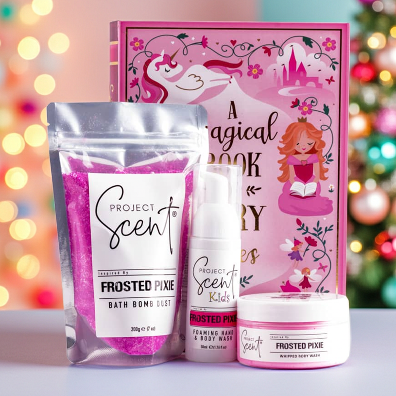 Project Scents product set with a book titled 'A Magical Book of Fairy Tales' against a festive background.