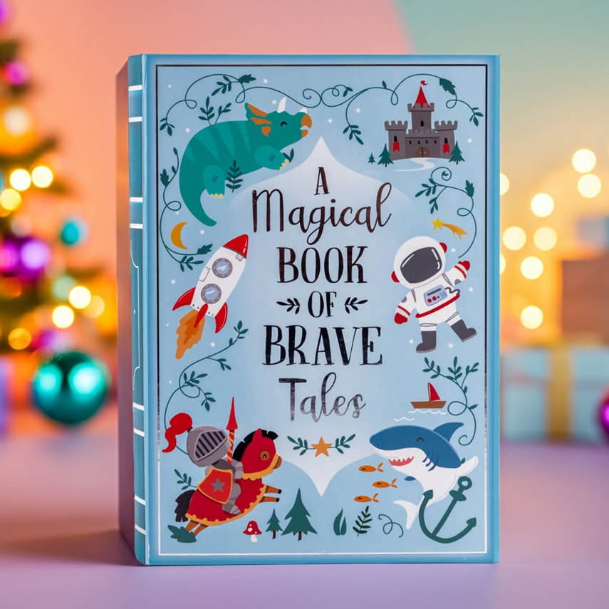 Children's book titled 'A Magical Book of Brave Tales' with festive background