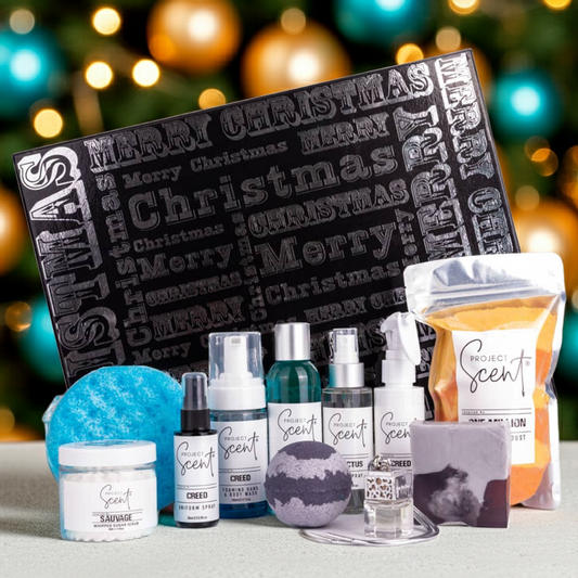Collection of Project Scent products with Christmas tree against a festive background.