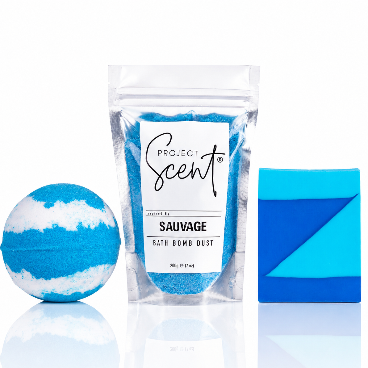 Sauvage inspired Soap and Soak Bundle with bath bomb bath dust and soap bar