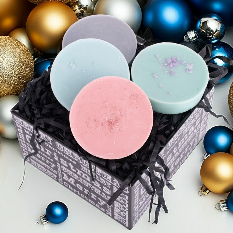 wax melts in a box with Christmas ornaments around