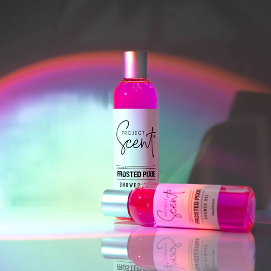 Small and large Frosted Pixie shower gel with light arch photography