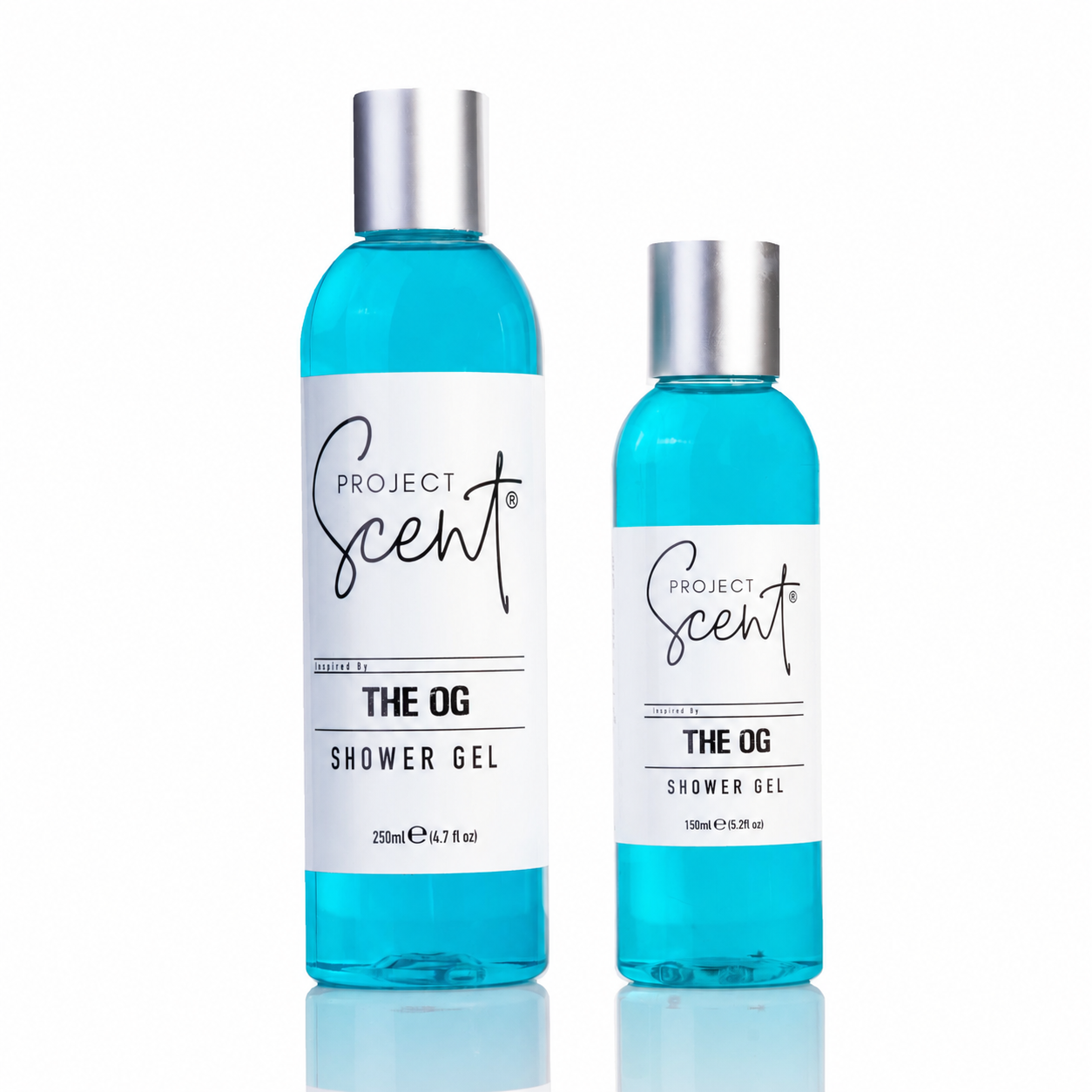 Two bottles of Project Scent The OG Shower Gel in a 250ml and 150ml size, featuring bright blue gel inside clear bottles with silver caps and white labels, set against a plain white background with a soft reflection.