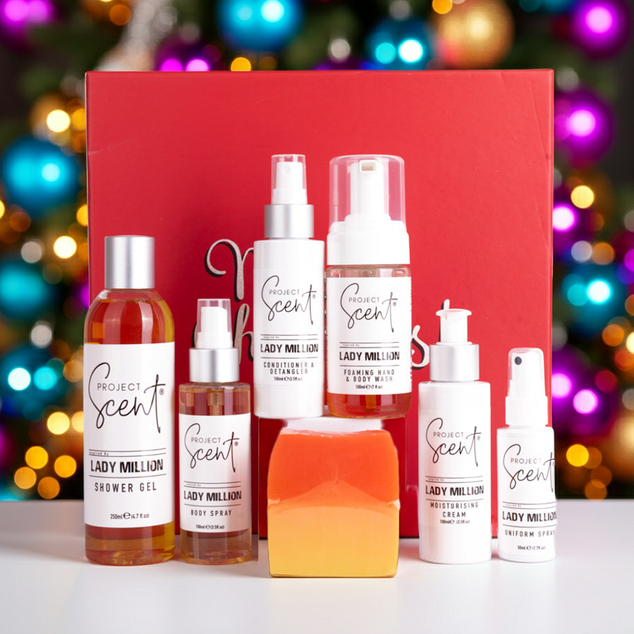 Collection of Project Scent Lady Million products with a festive background
