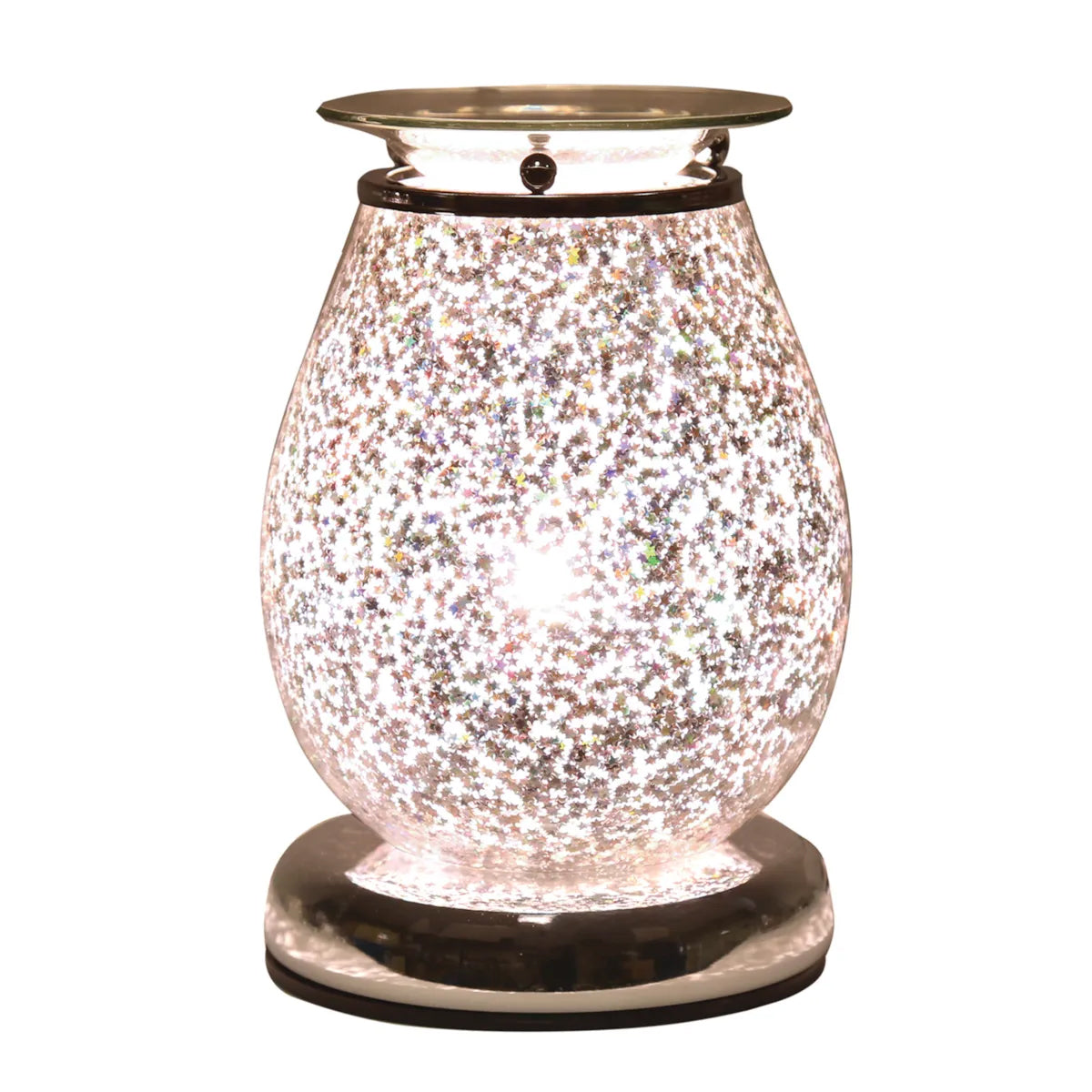 A pear-shaped scented candle warmer with a glittery crackle glass body, illuminated from within to create a sparkling effect. It features a dark metal collar with a small central bead, a silver-toned metal cradle, and a round dark base, set against a plain white background.