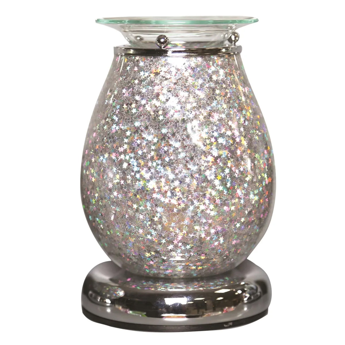 Decorative lamp with glittery glass and chrome base on a white background