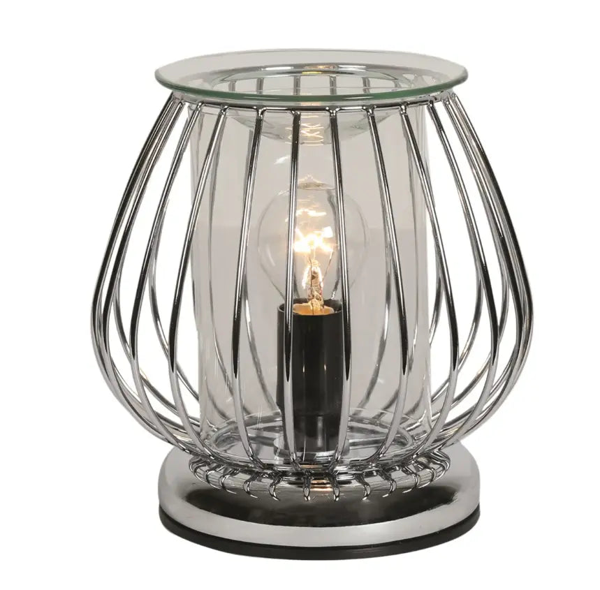 Modern electric wax burner featuring a 17cm chrome framework in an industrial globe design; touch-activated for easy operation, ideal for melting scented wax or oils in contemporary home decor settings.
