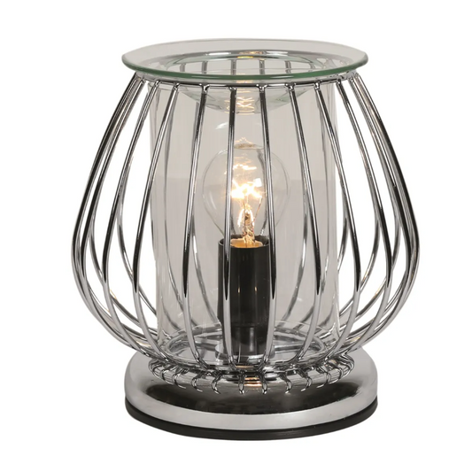 Modern electric wax burner featuring a 17cm chrome framework in an industrial globe design; touch-activated for easy operation, ideal for melting scented wax or oils in contemporary home decor settings.