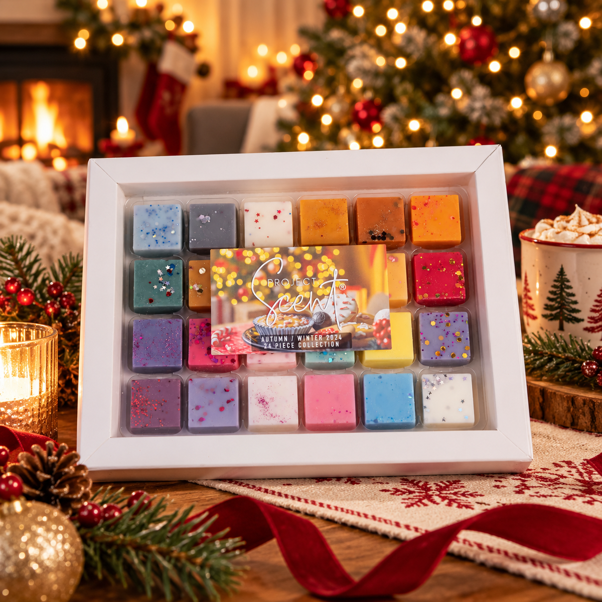 A boxed set of colorful bath salts displayed on a festive Christmas table. The white square frame contains multiple pastel and bright bath salts with decorative sprinkles, and a holiday-themed insert card is visible in the center.