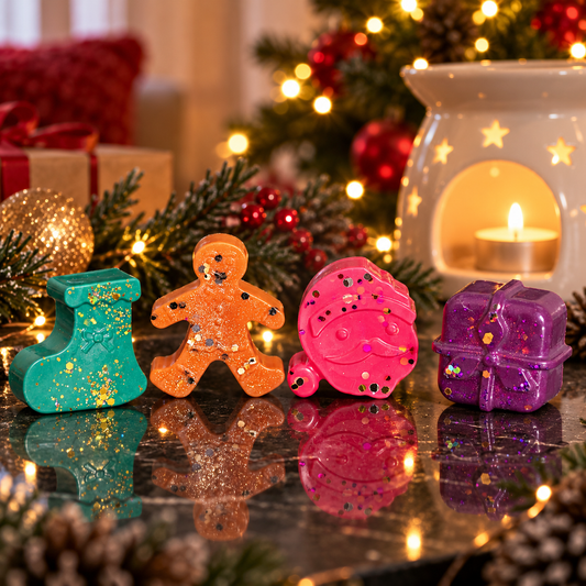 large mega wax melts in christmas shapes with a festive background