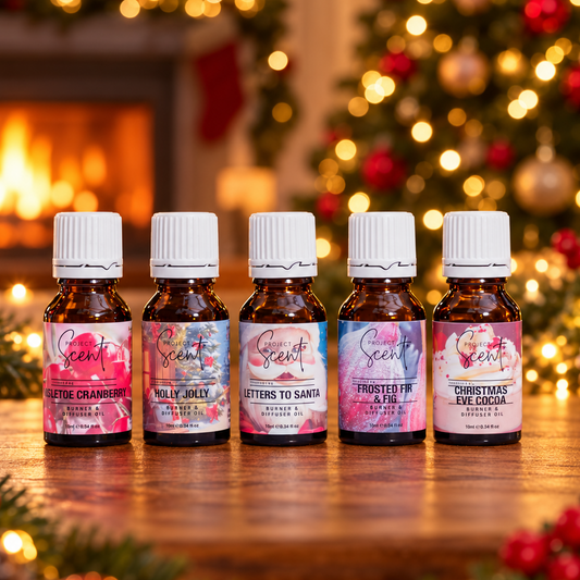 festive burner and diffuser oil bottles in a festive setting