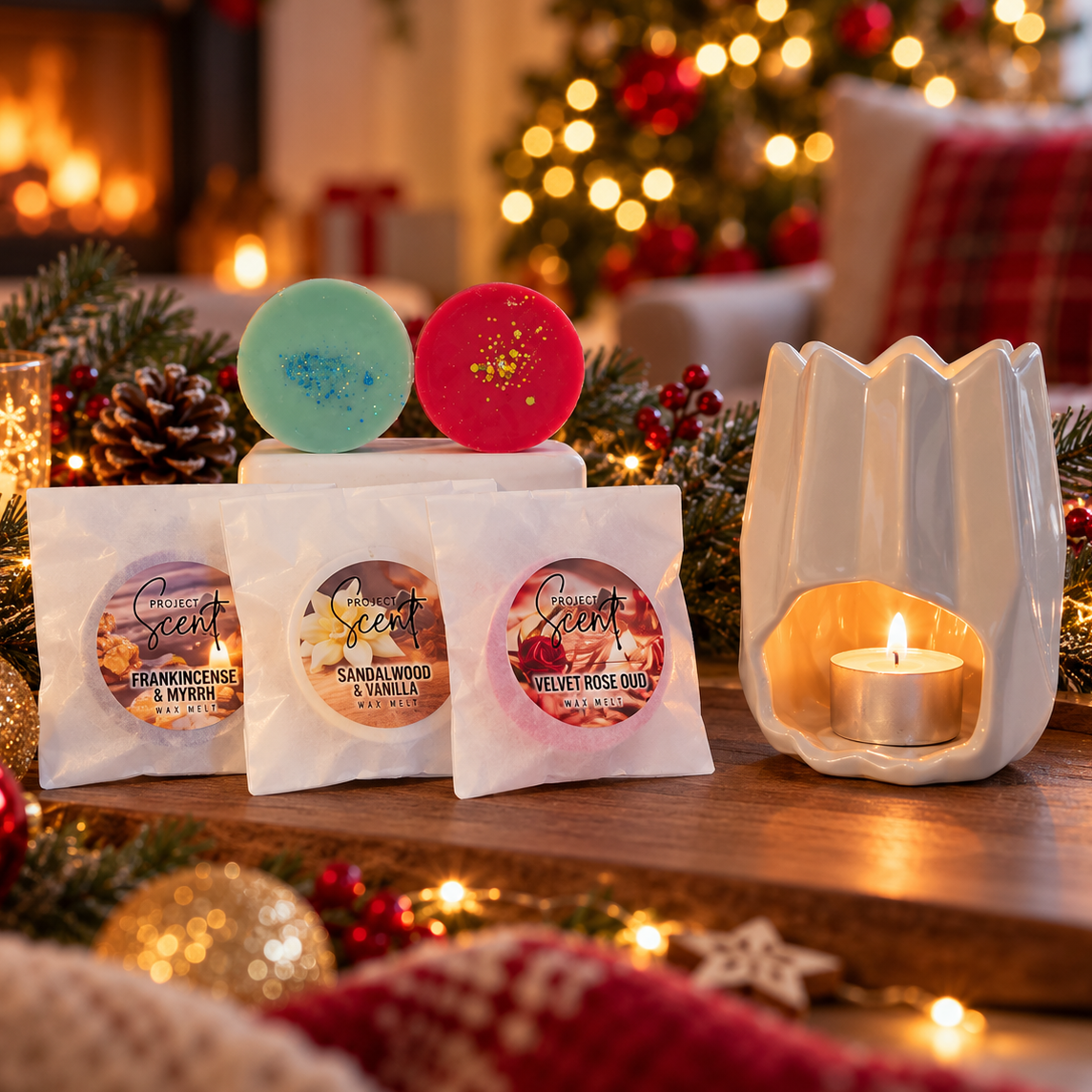 winter wax melts with a tea light wax melt burner in a festive setting