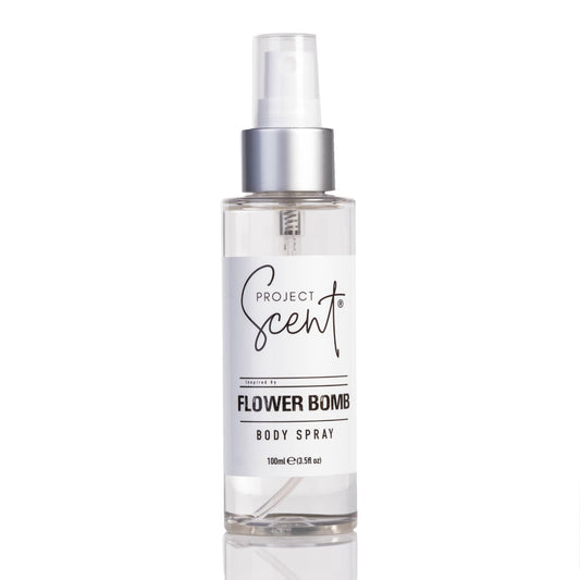Body spray inspired by the popular Flower Bomb fragrance, presented in a stylish bottle; features a floral and sweet scent profile, perfect for everyday wear or special occasions.