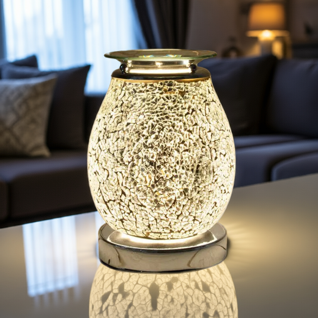 Electric Wax Melt Burner Silver Crackle Glass Mosaic AR1393