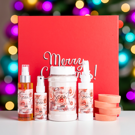 Set of Ari products with a red 'Merry Christmas!' box against a festive background.