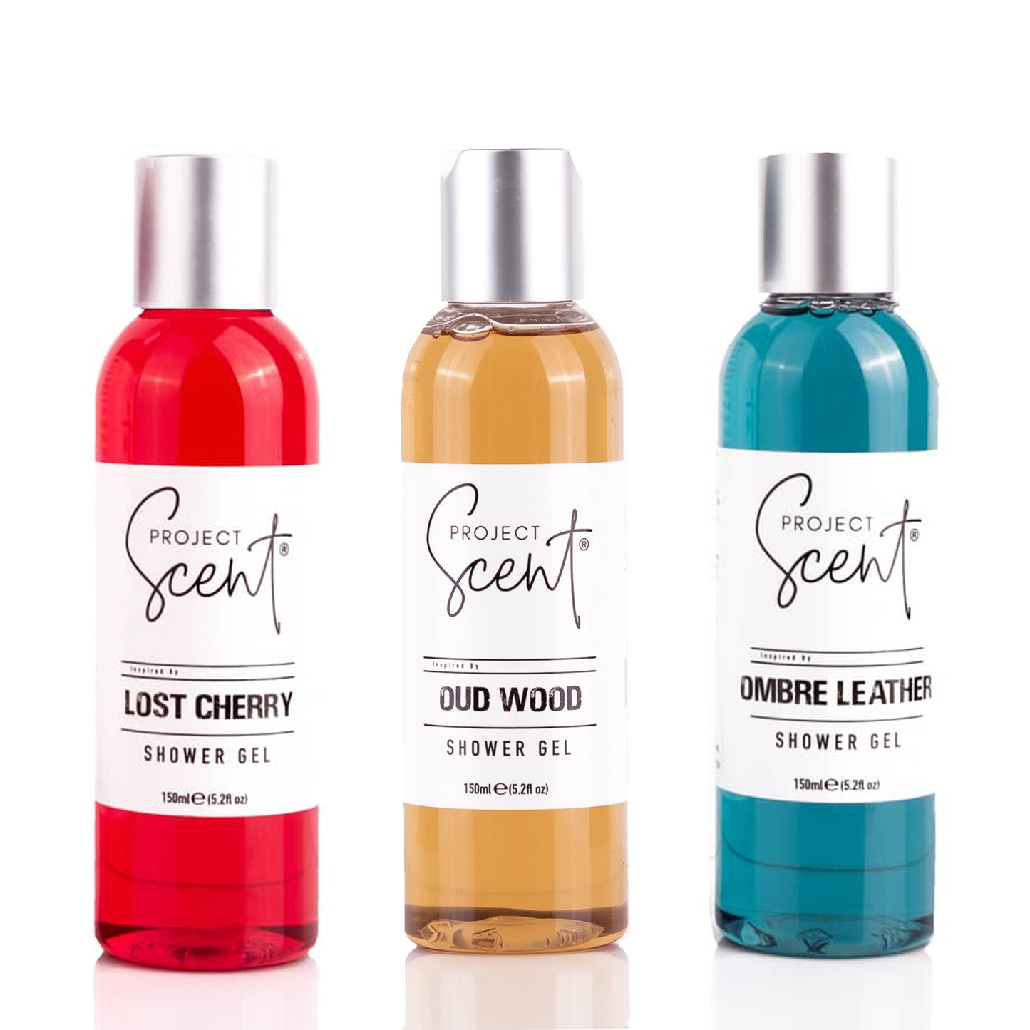 Aftershave Inspired Shower Gel Trio with Ombre Leather Lost Cherry and Oud Wood shower gels handmade in the UK