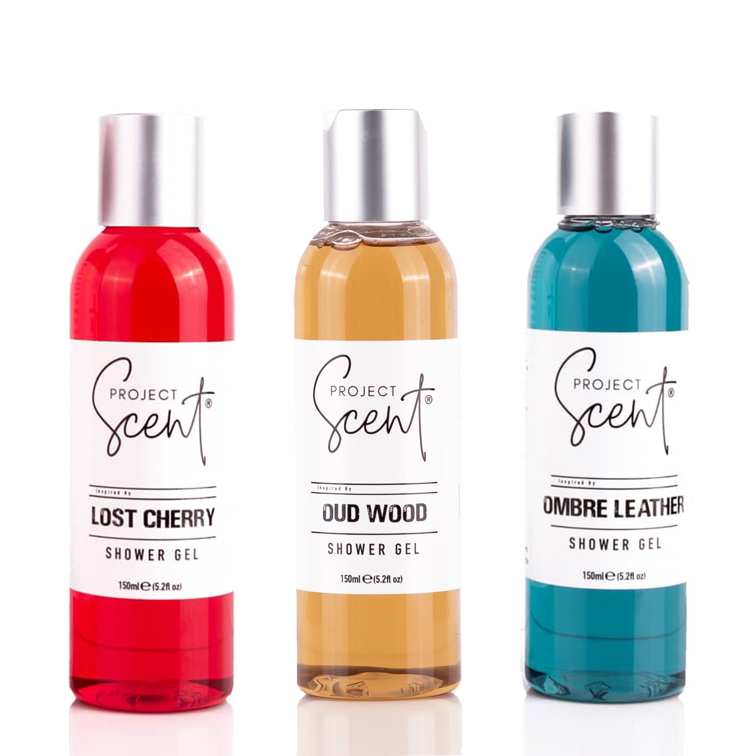 Aftershave Inspired Shower Gel Trio with Ombre Leather Lost Cherry and Oud Wood shower gels handmade in the UK