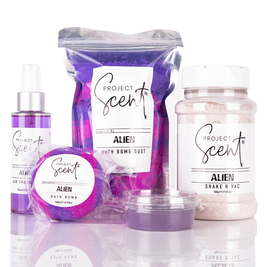 Alien Inspired Bath and Home Bundle with bath bomb, bath dust, Shake N Vac, air freshener and wax melt handmade in the UK