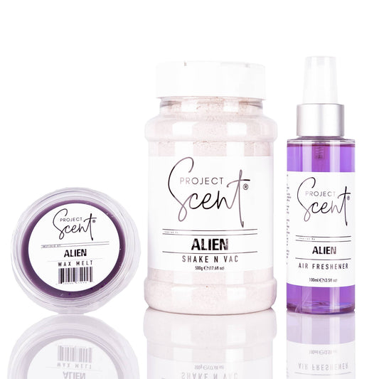 Alien Inspired Small Home Bundle with wax melt, Shake N Vac and air freshener handmade in the UK
