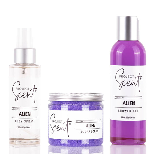 Alien Inspired Body Care Bundle – Body Spray, Shower Gel & Sugar Scrub