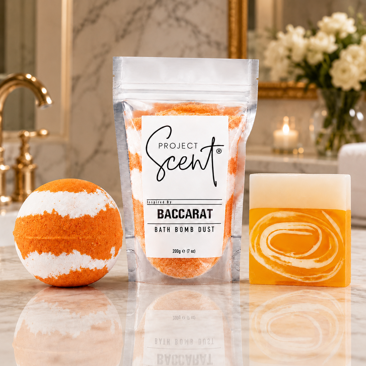 Baccarat inspired bath bomb bath dust and soap bar gift set handmade in the UK