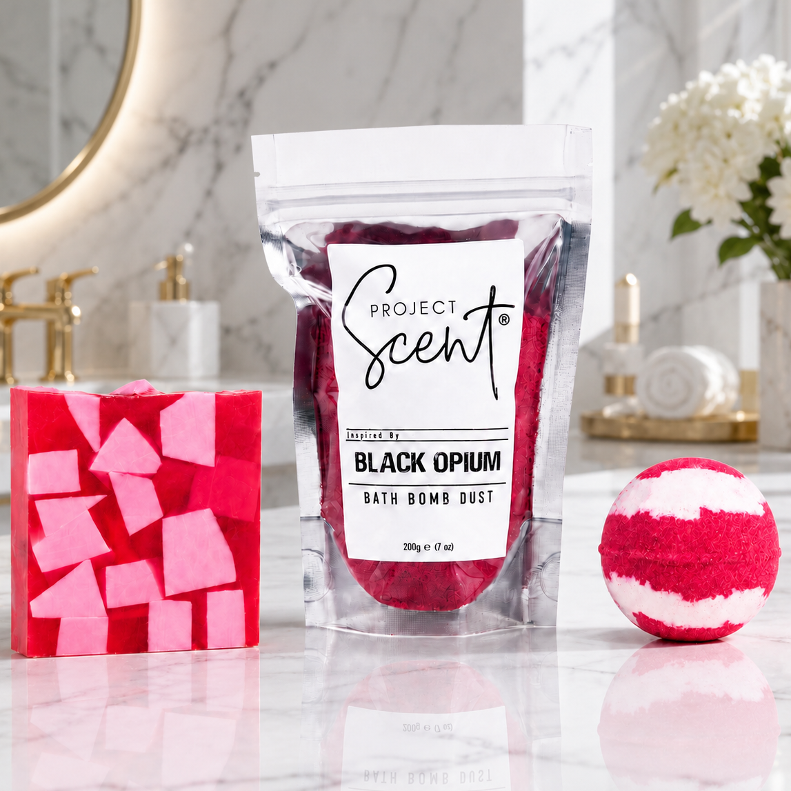 Black Opium inspired bath bomb bath dust and soap bar gift set handmade in the UK