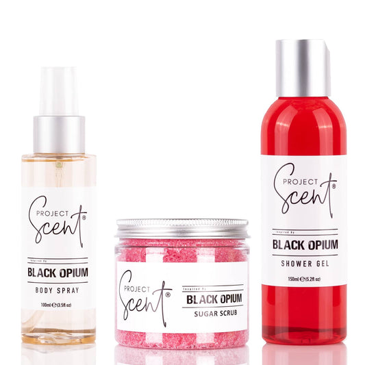 Black Opium Inspired Body Care Bundle – Shower Gel, Body Spray & Sugar Scrub