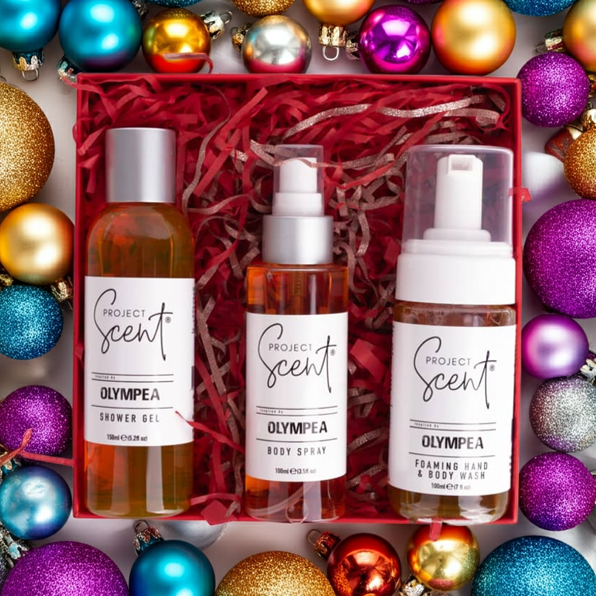 Flatlay of Christmas body care gift set surrounded by festive decorations. Features handmade shower gel, foaming body wash and body spray gift box.