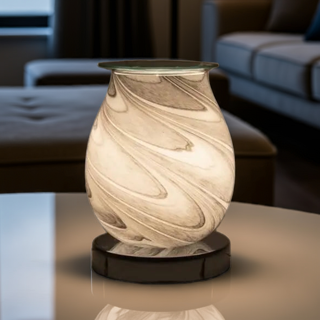 Electric wax melt burner with grey swirl design and touch control