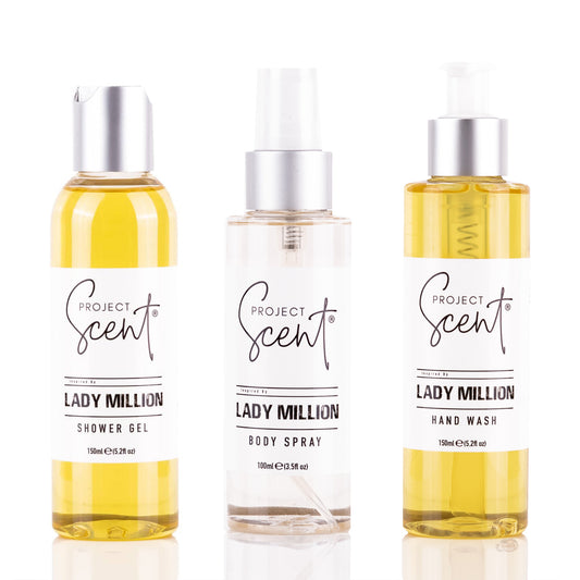 Lady Million Inspired Small Shower Bundle with shower gel, hand wash and body spray handmade in the UK