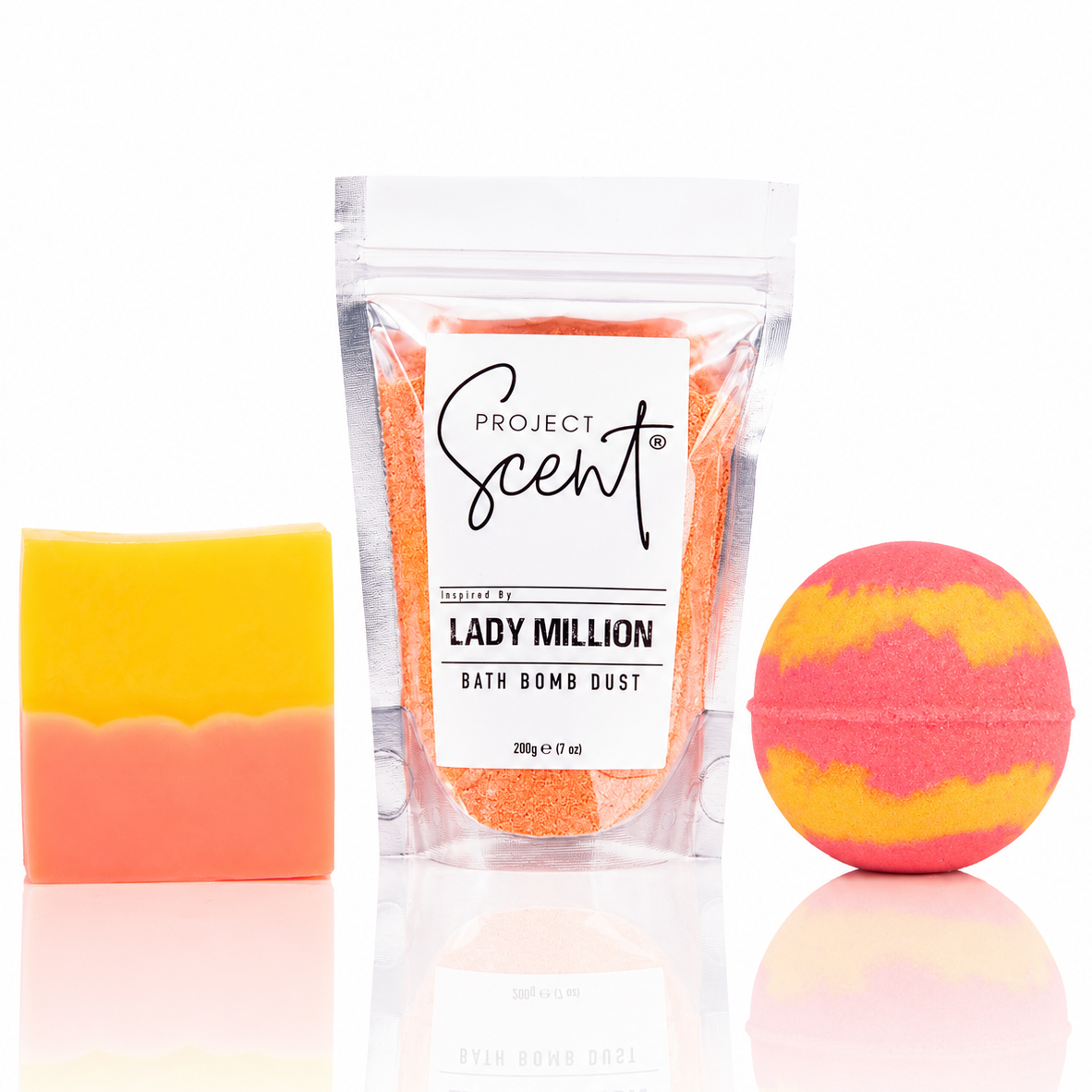 Lady Million inspired Soap and Soak Bundle with bath bomb bath dust and soap bar