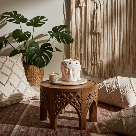 Wooden side table with decorative items in a cozy living room setting