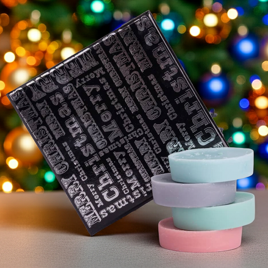 Stack of colorfulwax melts with a black box against a festive background