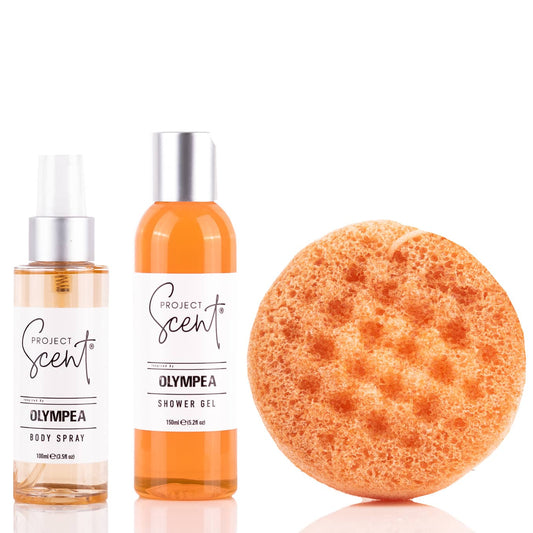 Olympea Inspired Shower Bundle with shower gel, body spray and soap sponge handmade in the UK