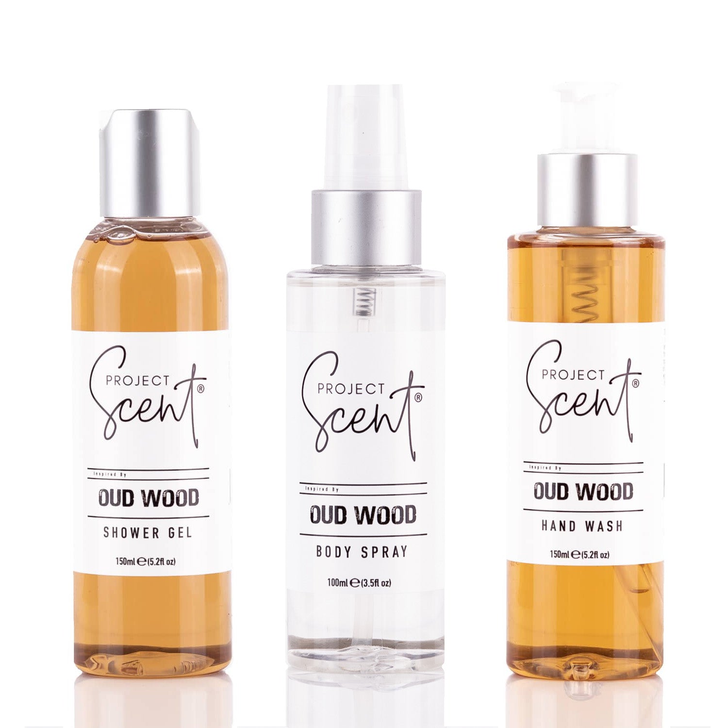 Oud Wood Inspired Small Shower Bundle with shower gel, hand wash and body spray handmade in the UK
