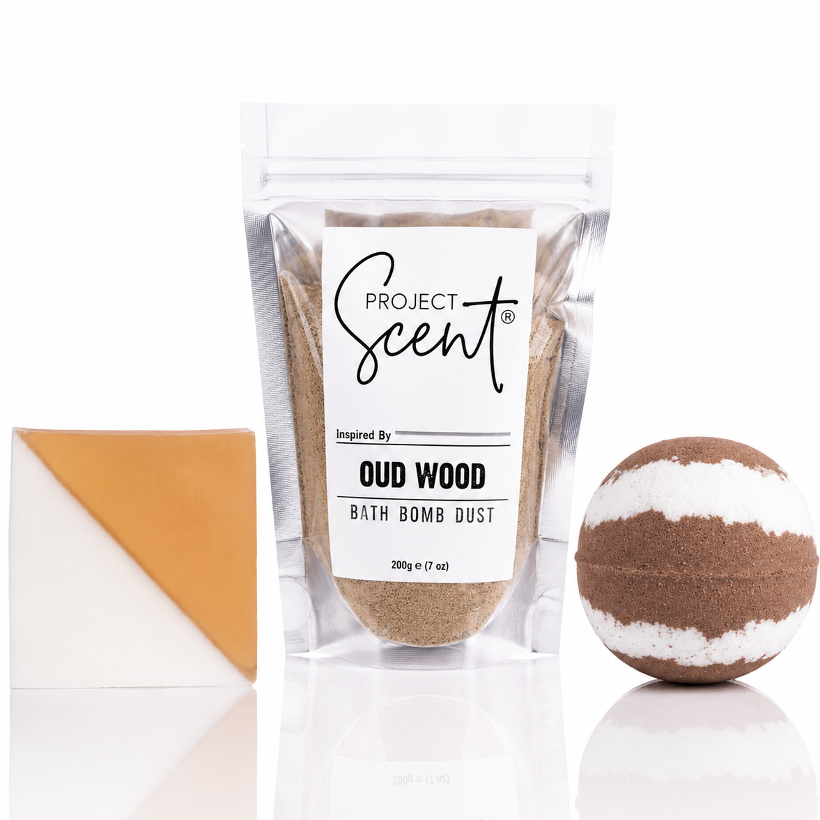 Oud Wood inspired Soap and Soak Bundle with bath bomb bath dust and soap bar