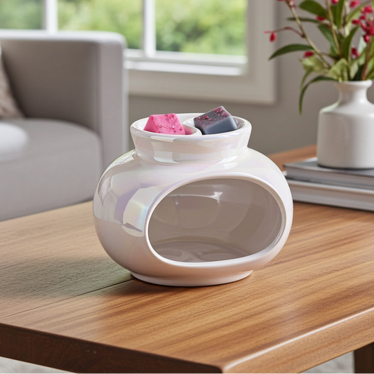 White ceramic diffuser on a wooden table with a blurred background of a living room.