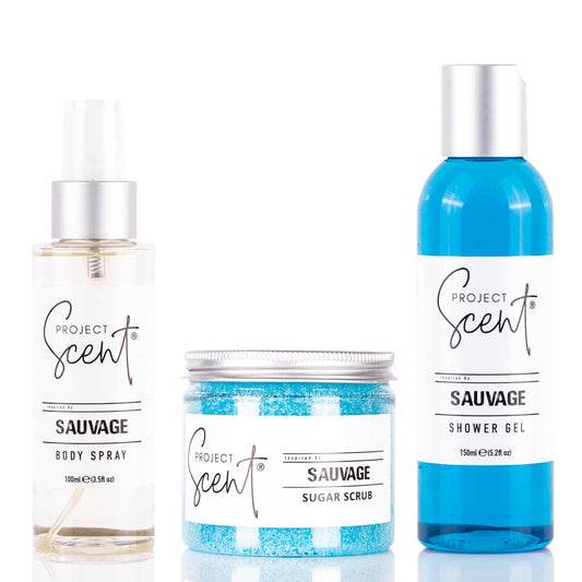 Sauvage Inspired Body Care Bundle – Body Spray, Shower Gel & Sugar Scrub