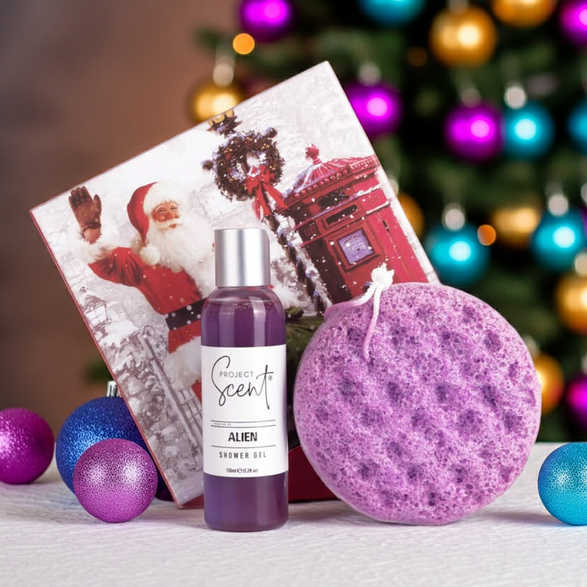 Christmas body care gift set in front of a Christmas tree. Includes handmade shower gel and soap sponge in festive packaging.