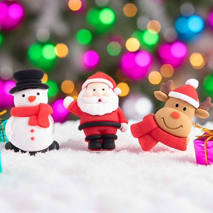 Three Christmas-themed car air freshener (snowman, Santa Claus, reindeer) with a festive background.